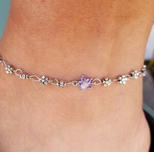 Purple Crystal Flower Anklet, Daisy Anklet, Flower Ankle Bracelet, Anklets